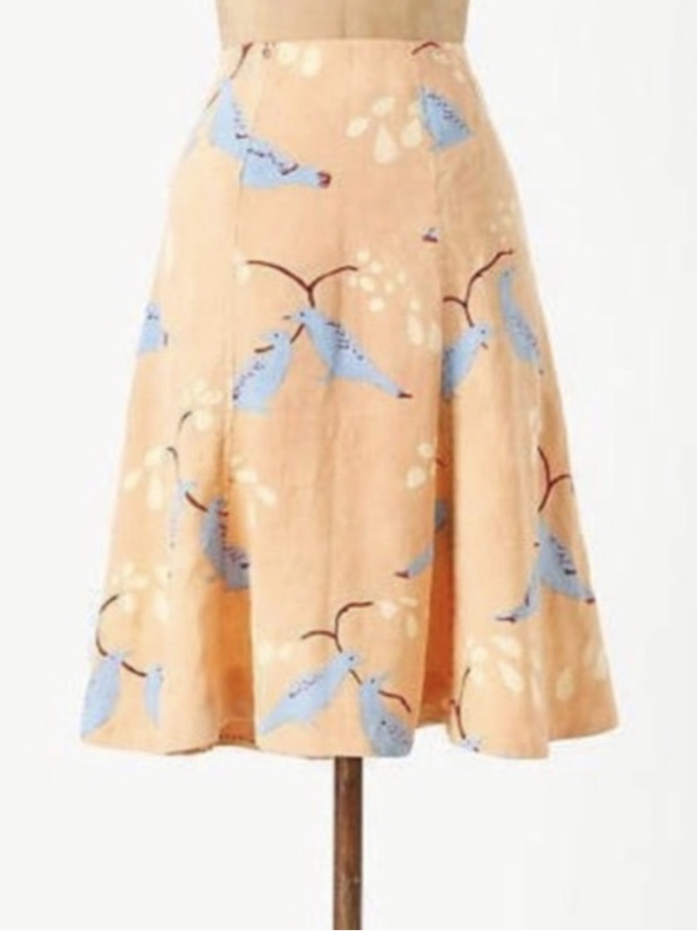 Anthropologie Meadow Rue Peach Bird Print Linen Skirt Sz 2